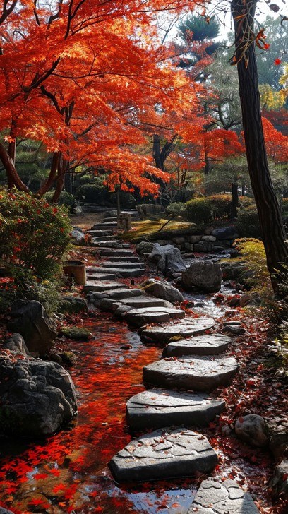 A serene garden path with vibrant red autumn leaves and stepping stones.