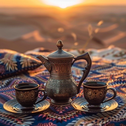 Traditional tea set with cups on a patterned cloth at sunset.