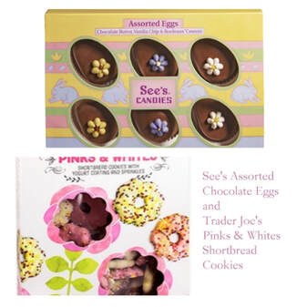 Two colorful boxes of assorted chocolates and donuts on display.