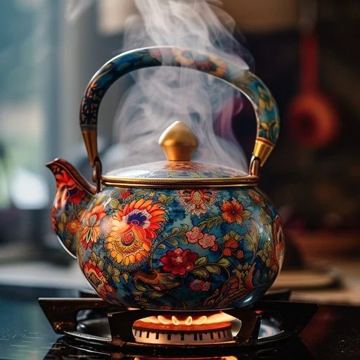 A colorful floral kettle steaming on a gas stove burner.