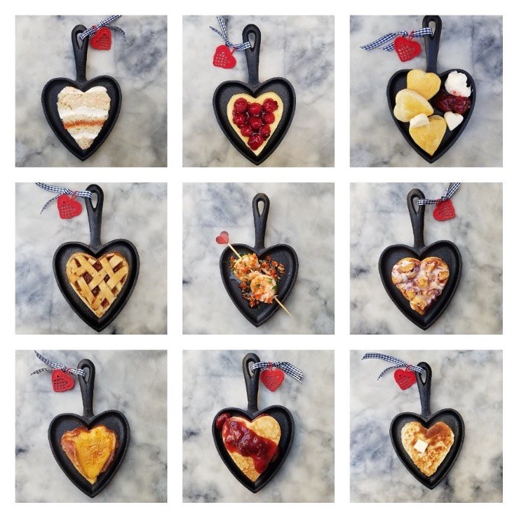 Heart-shaped pans with various baked treats.