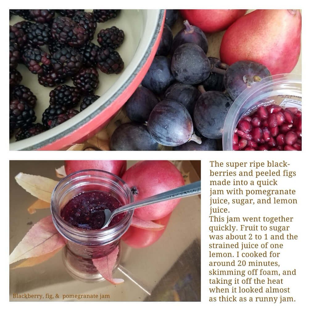 Fresh figs, blackberries, and fig jam displayed with ripe fruits on a wooden table.