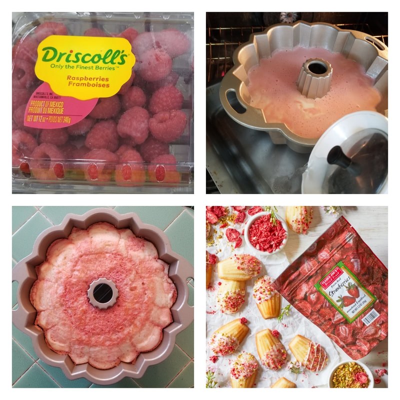 Step-by-step baking of a raspberry bundt cake with Driscoll's raspberries.