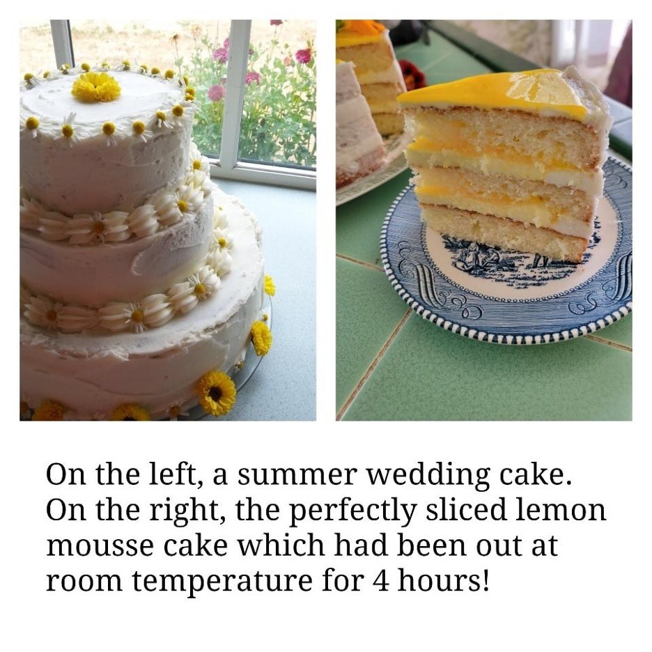 A three-tiered summer wedding cake and a slice of its yellow sponge interior.