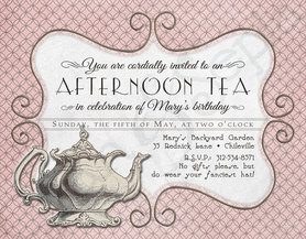 Elegant vintage afternoon tea invitation with ornate teapot design.