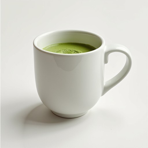 White mug filled with green matcha tea on a white surface.