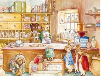 Anthropomorphic animals in a cozy kitchen preparing food.