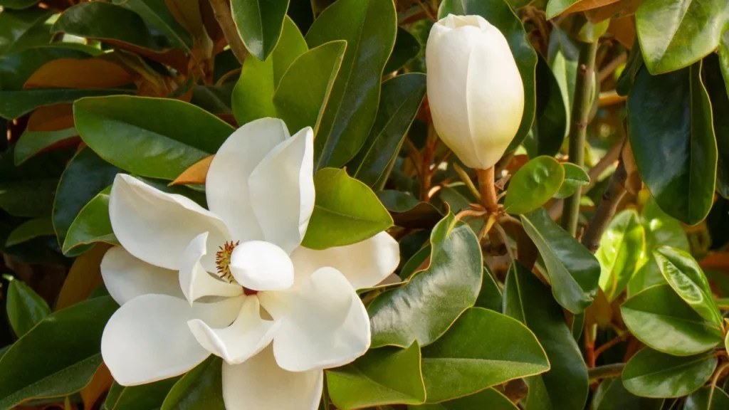 White magnolia flowers blooming among green leaves.