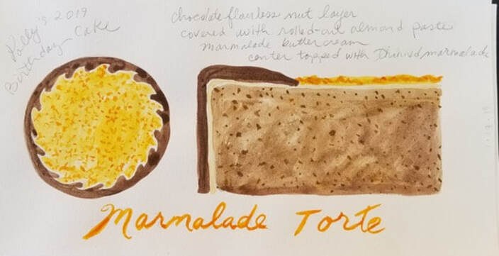 A marmalade tart with handwritten recipe notes above it.
