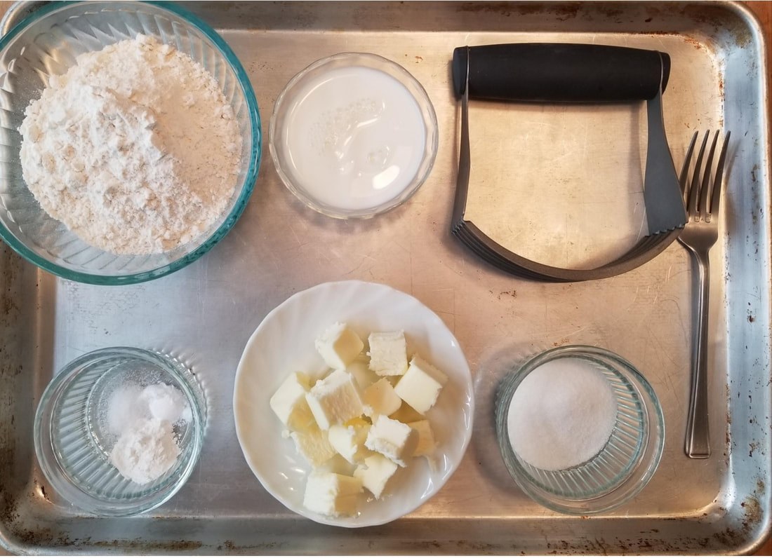 Ingredients for baking: flour, butter, sugar, salt, and baking powder.