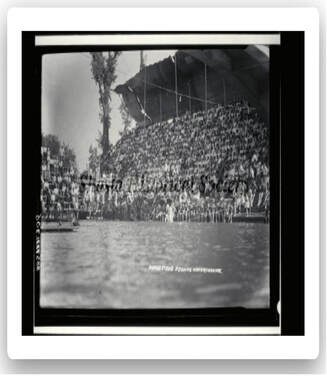Crowded stadium with spectators watching an event near water.