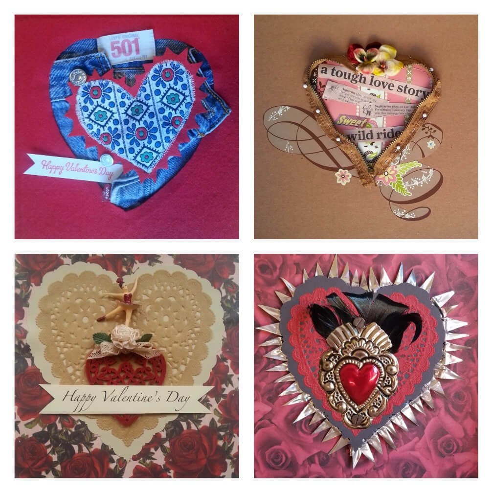 Four artistic heart-shaped crafts with various decorations and messages.