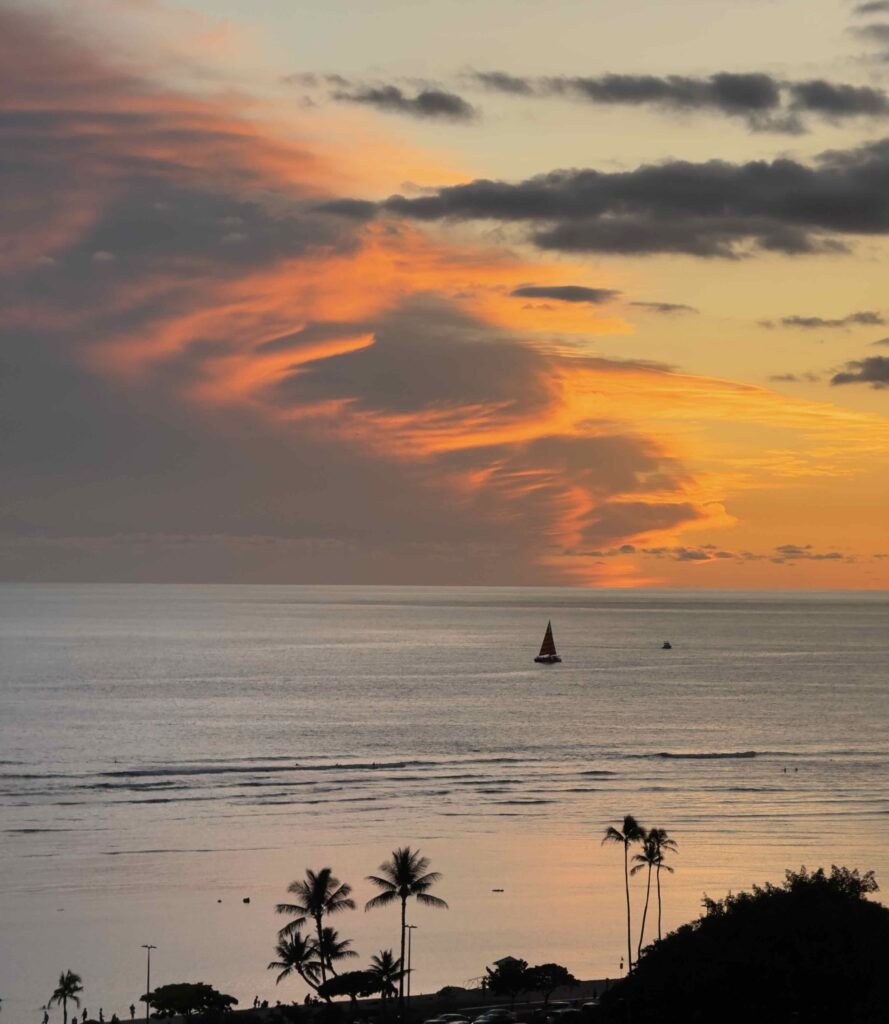 Sunset over ocean with sailboat and palm trees.