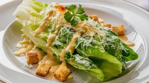Fresh Caesar salad with crispy croutons and grated cheese.