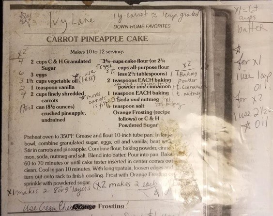 A handwritten recipe for Cassie's Pineapple Cake with detailed instructions.