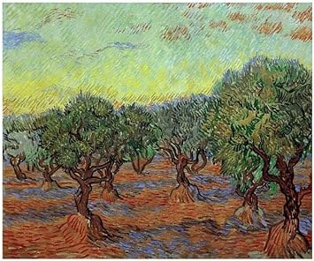 A vibrant painting of olive trees in a field under a yellow-green sky.