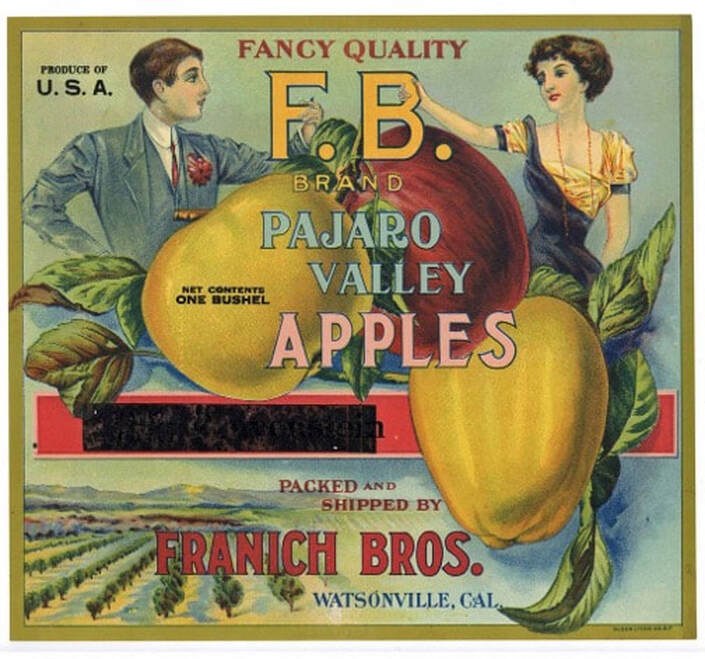 Vintage label featuring Pajarito Valley apples and two women holding apples.