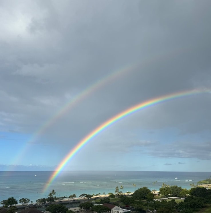 A vibrant double rainbow arcs over the ocean and coastal greenery under a cloudy sky.