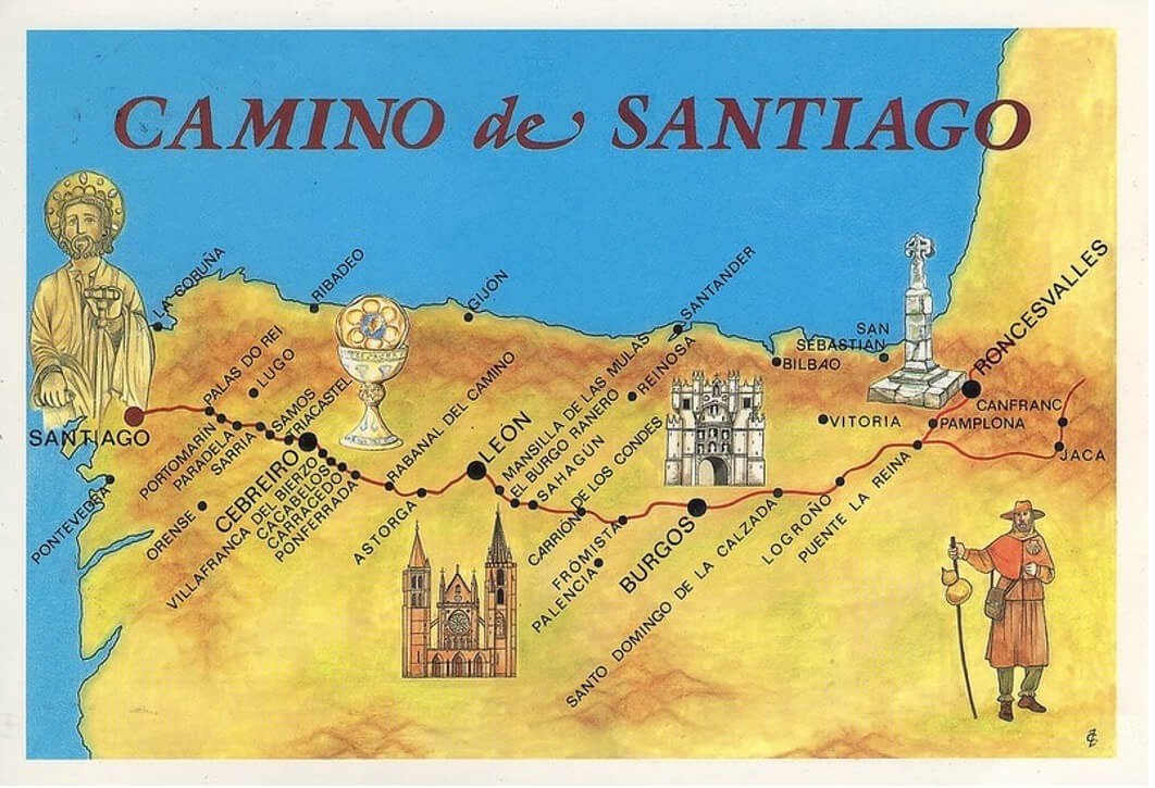 Illustrated map of the Camino de Santiago route with landmarks and arrows.