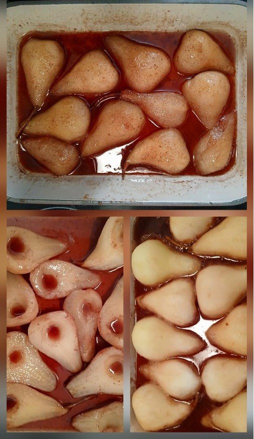 Fresh pears sliced and prepared in trays, ready for cooking or preserving.