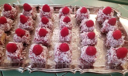 Rows of raspberry-topped coconut dessert squares.
