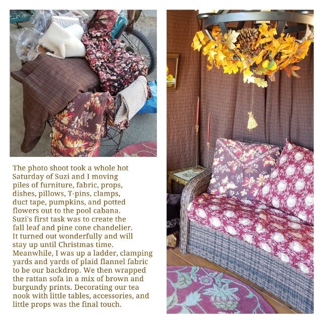 Cozy porch scene with patterned cushions and autumn leaves overhead.