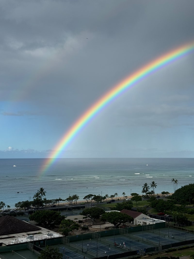 A vibrant double rainbow over the ocean with sailboats and palm trees.