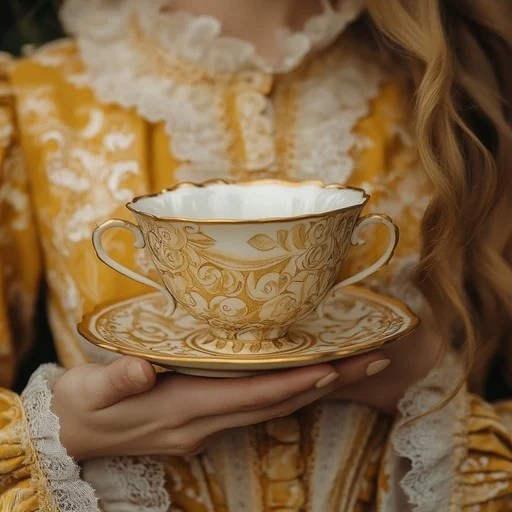 Person holding an ornate gold and white teacup with matching saucer.