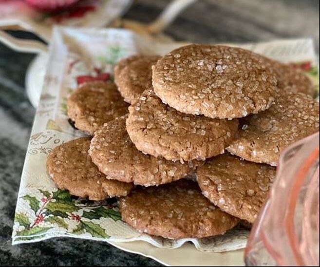Plate of delicious homemade cookies on a floral napkin.