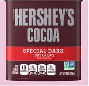 Hershey's Special Dark Cocoa powder container with detailed nutrition facts.