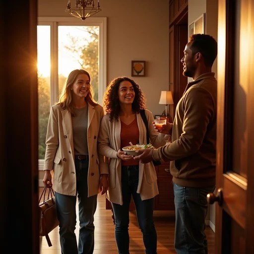 Three people warmly greeting each other indoors during sunset.