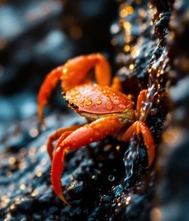 A vibrant orange crab clings to a wet rocky surface.