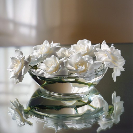 Elegant white flowers artfully arranged in a glass bowl with reflections.