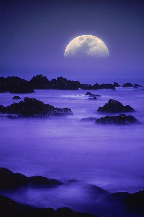 Moonlit seascape with rocks and mist.