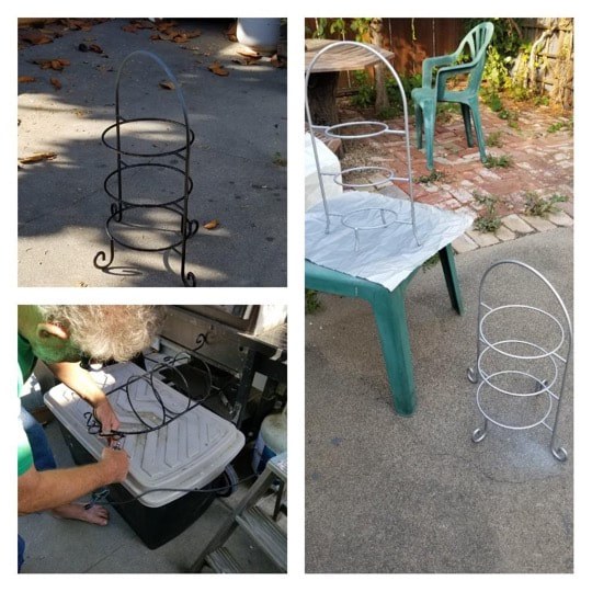 Various metal stands and chairs in different outdoor settings.