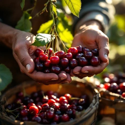 Hands holding freshly picked red coffee cherries.