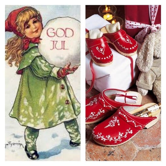 Vintage Christmas card with a girl and traditional Nordic red mittens.