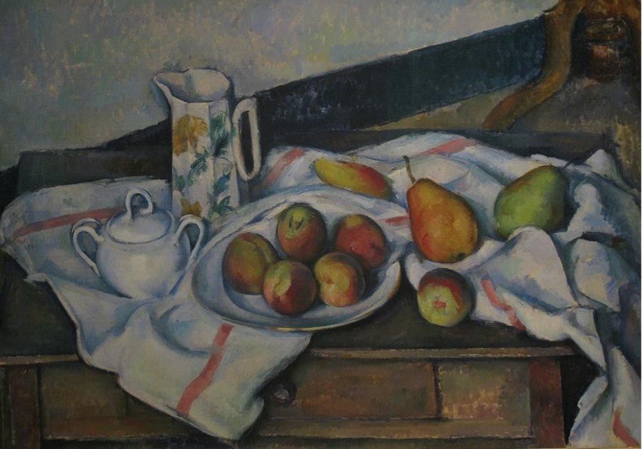 Still life painting with fruit, pitcher, and cloth on table.