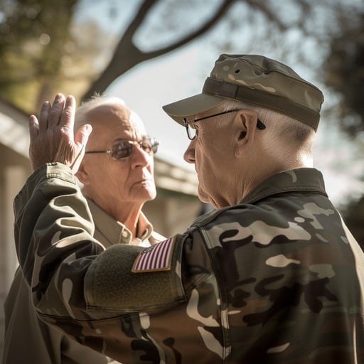 A soldier in uniform embraces an older woman outdoors.