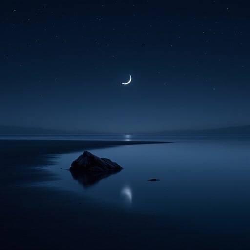 A serene night scene with a crescent moon over calm water and rocks.