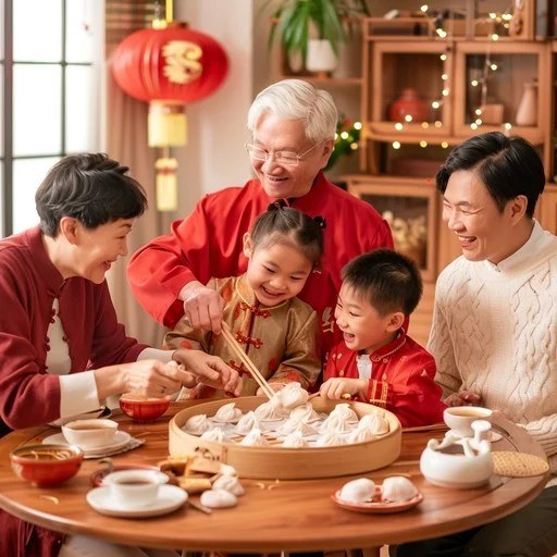 Family enjoying a festive meal with dumplings at a decorated table.