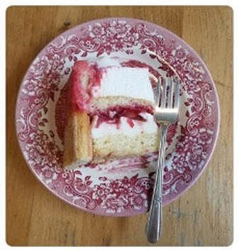 A slice of layered cake with cream and berry sauce on a decorative plate.