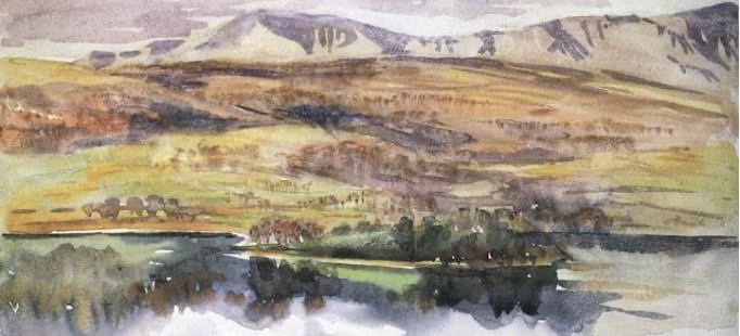 Watercolor painting of a serene countryside with hills and a reflective lake.