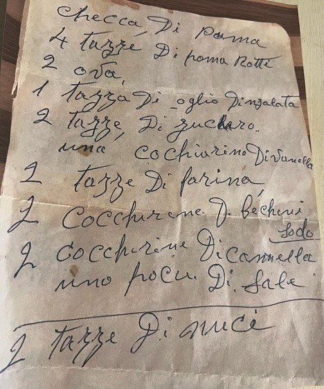 Handwritten list of Italian dishes including pasta and cocktails.