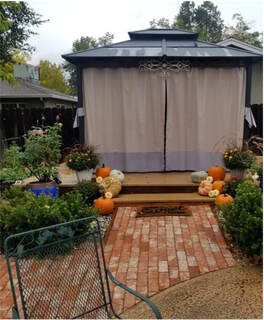 Cozy backyard with a gazebo, pumpkins, and lush greenery.