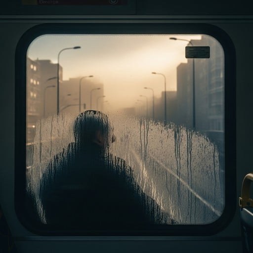 Silhouette of a person looking out a foggy train window at city buildings.