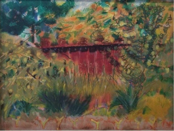 Colorful abstract landscape with red structure.