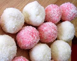 Pink and white sugar-coated sweet balls.