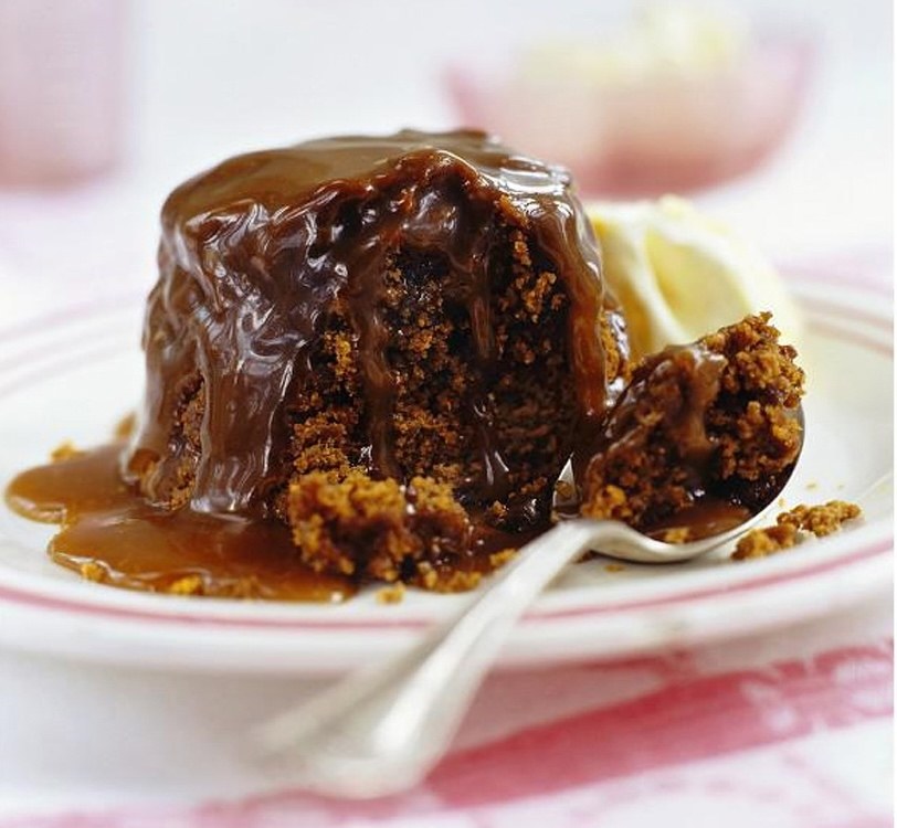 Sticky toffee pudding with caramel sauce.