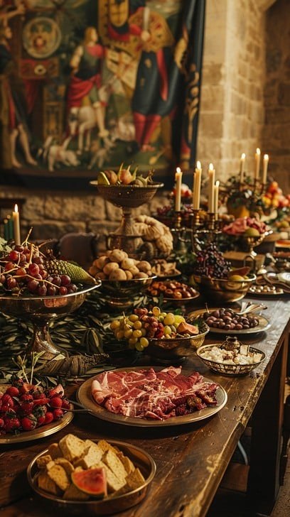 A lavish buffet with assorted meats, fruits, and candles on a rustic wooden table.